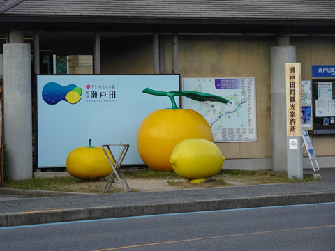 瀬戸田町観光案内所にあったレモンとミカンのオブジェ。